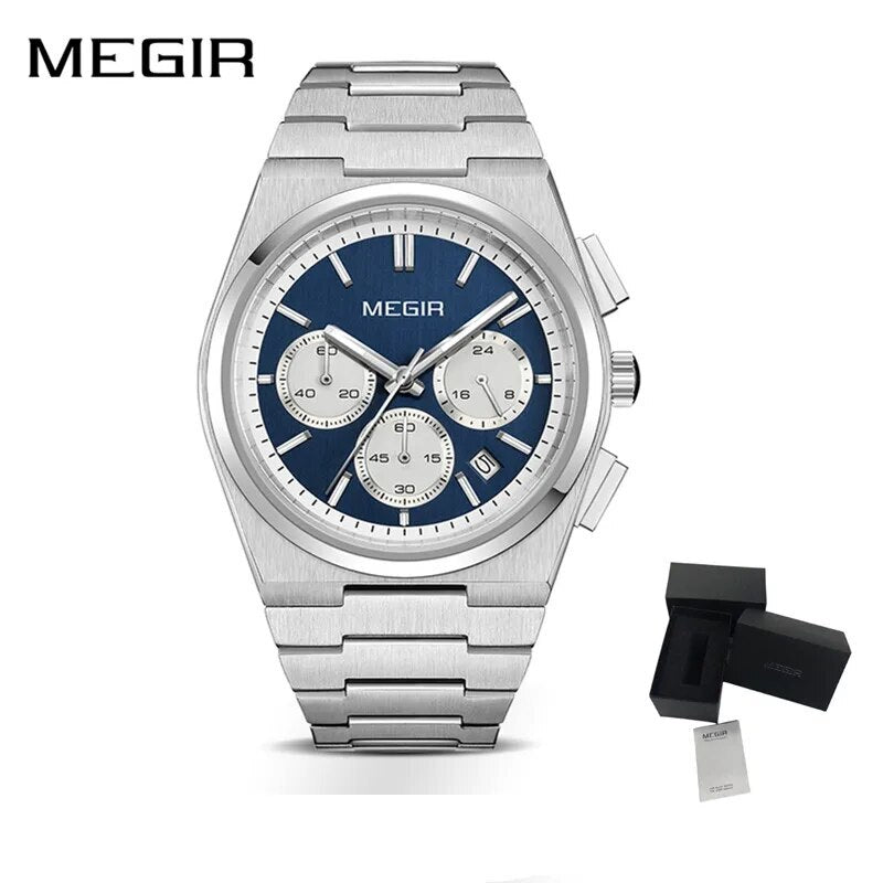MEGIR Men's Business Watches Original Analogue Quartz Wrist Watch Luminous 5ATM Waterproof Steel Large Dial Clock Reloj Hombre