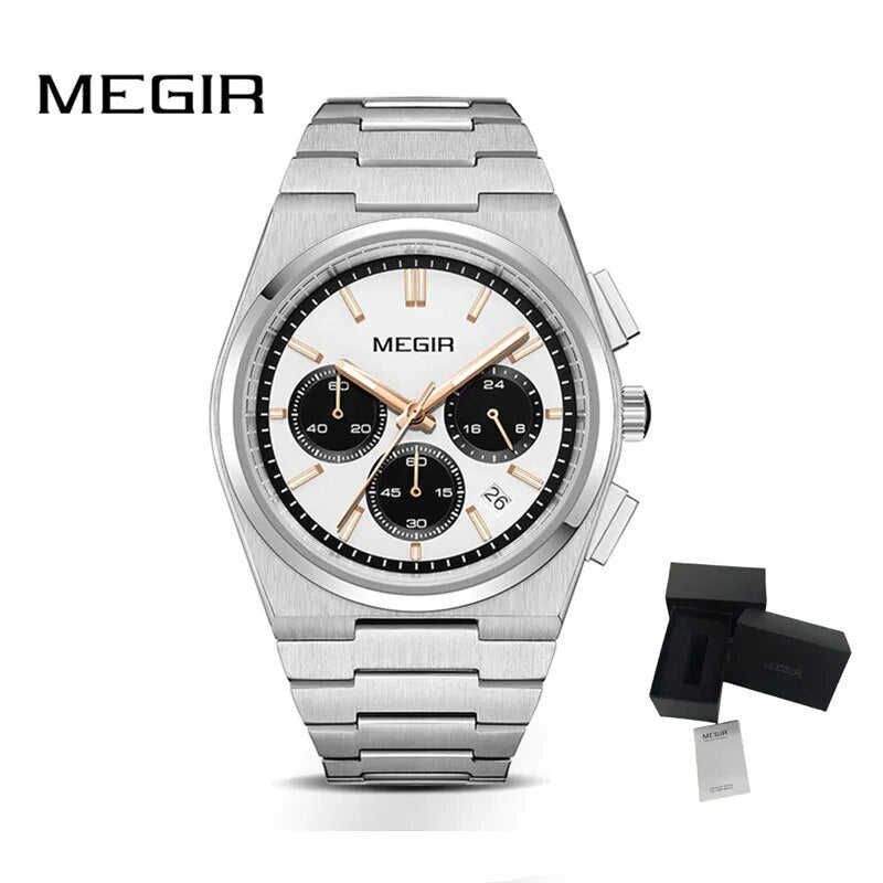 MEGIR Men's Business Watches Original Analogue Quartz Wrist Watch Luminous 5ATM Waterproof Steel Large Dial Clock Reloj Hombre
