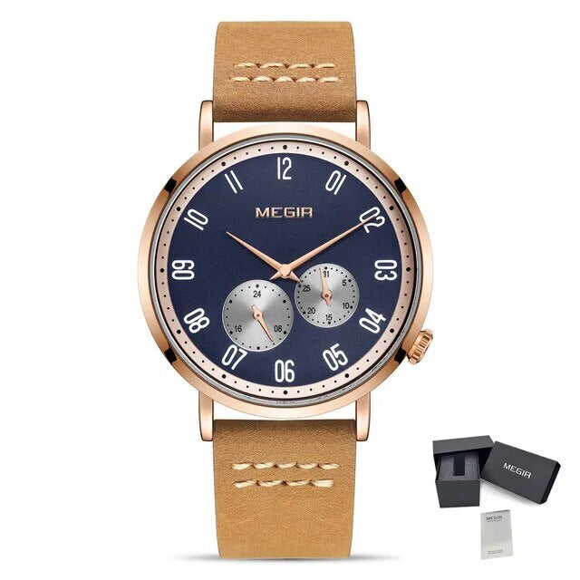 MEGIR Fashion Casual Men Watches Luxury Leather Quartz Sport Wristwatch Waterproof Luminous Clock Large Dial Relogio Masculino 1083