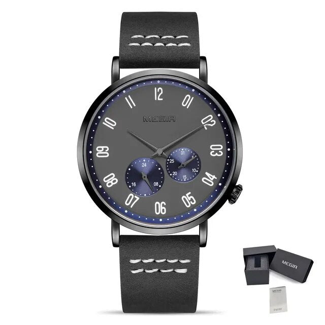 MEGIR Fashion Casual Men Watches Luxury Leather Quartz Sport Wristwatch Waterproof Luminous Clock Large Dial Relogio Masculino 1083