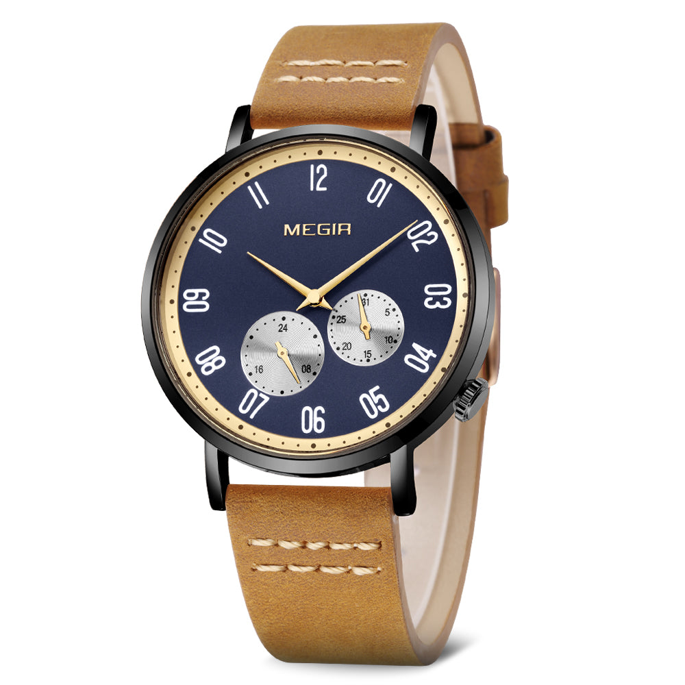 MEGIR Fashion Casual Men Watches Luxury Leather Quartz Sport Wristwatch Waterproof Luminous Clock Large Dial Relogio Masculino 1083