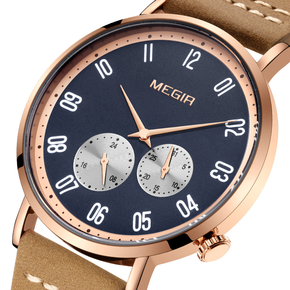 MEGIR Fashion Casual Men Watches Luxury Leather Quartz Sport Wristwatch Waterproof Luminous Clock Large Dial Relogio Masculino 1083